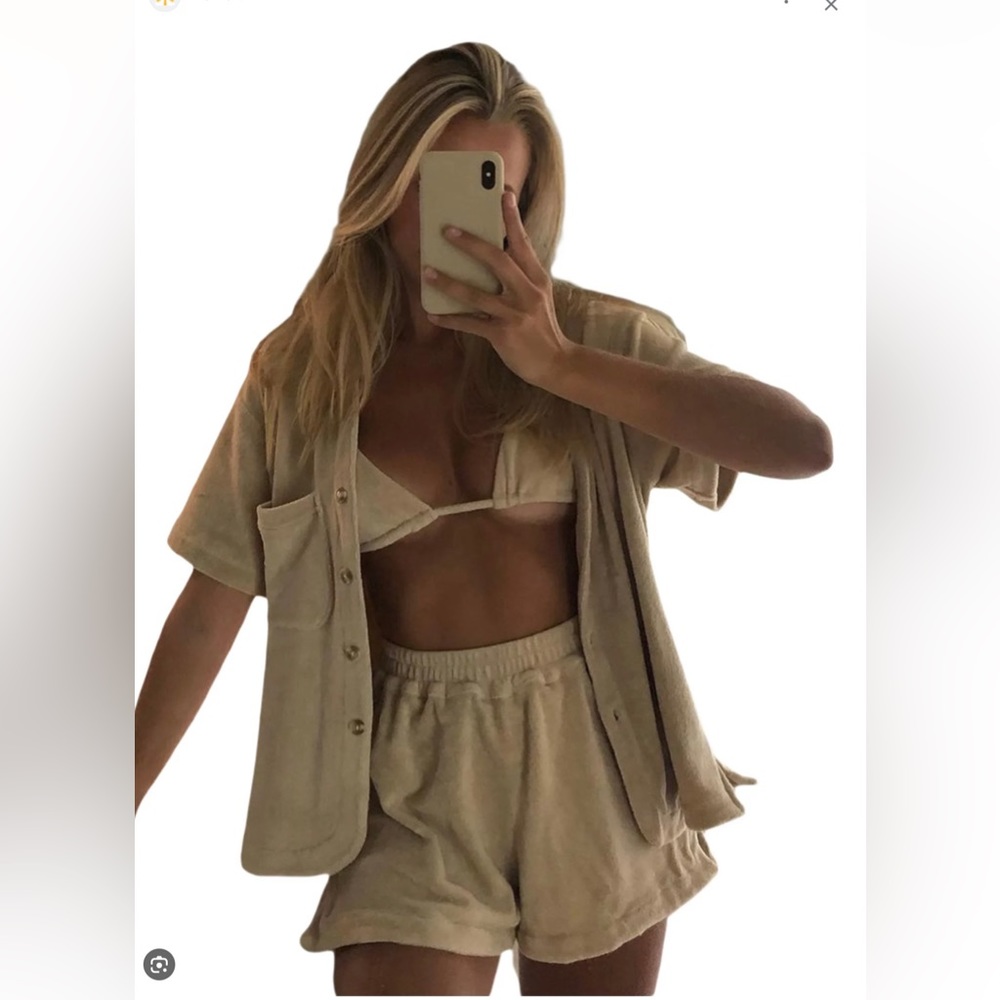 NEW Women 2 Piece SET Short Sleeve Button Up Shirts and High Waist Shorts TERRY